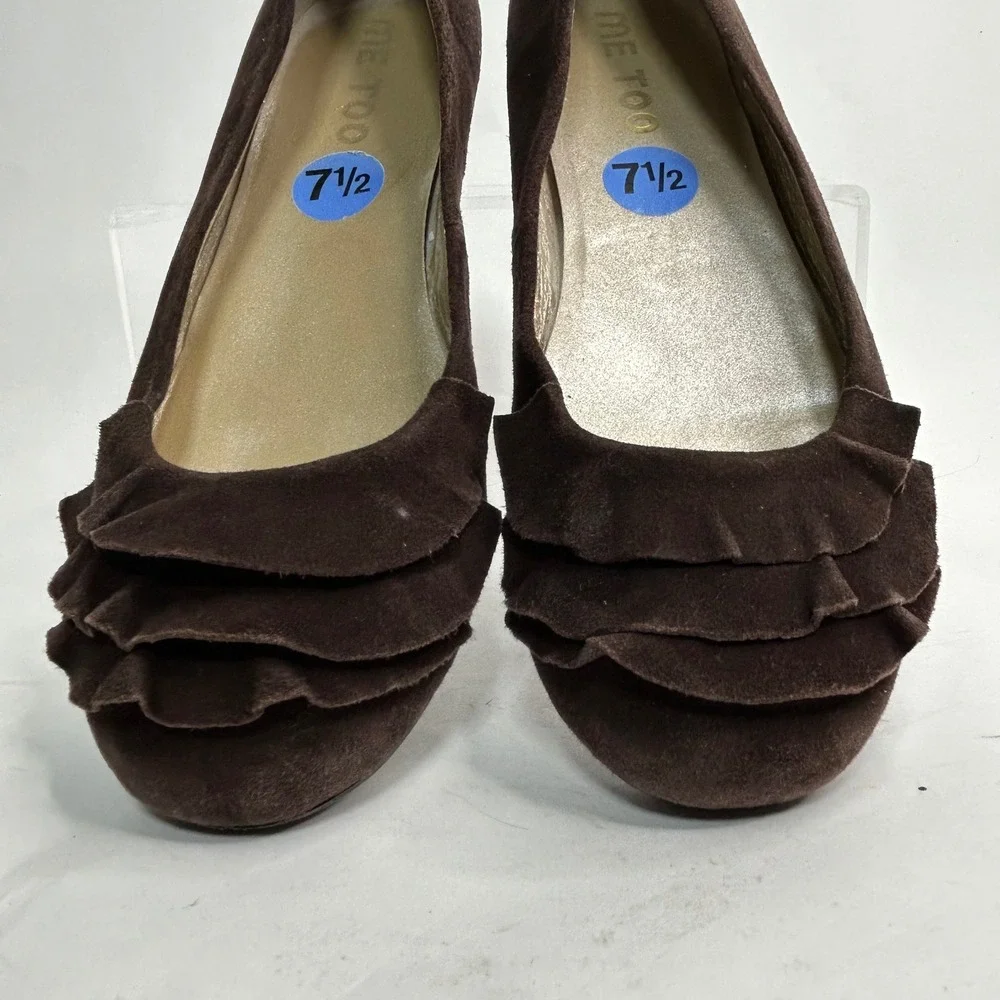 Me Too Alexis Brown Suede Ruffle Ballet Flats Womens 7.5 M‎ Round Toe Shoes